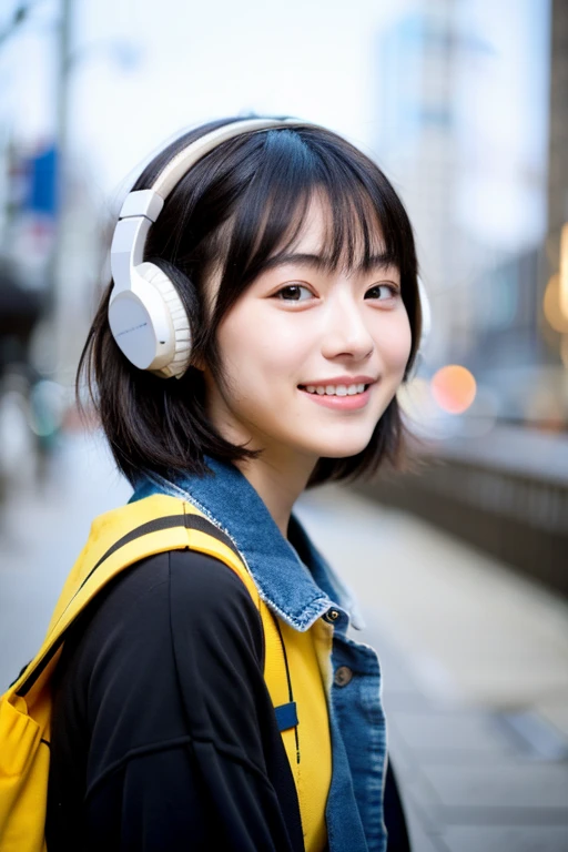 20 year old Japanese woman　Short black hair　smile　headphone