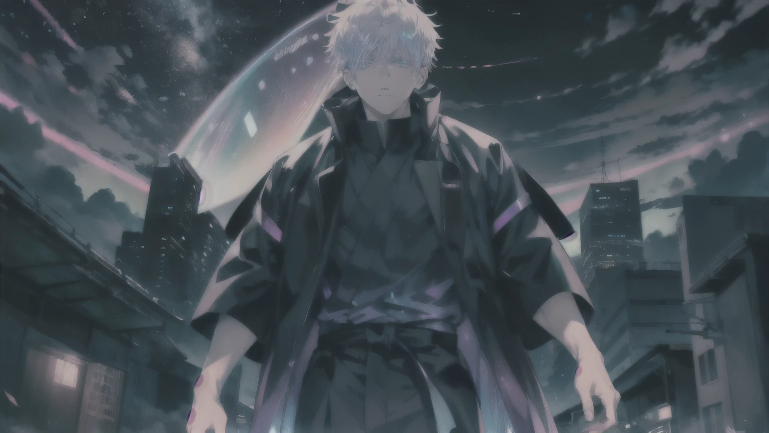 Satoru Gojo (Jujutsu Kaisen), Satoru Gojo using small red sphere power, 6 path eyes, glowing light blue eyes, full body, grandeur, Shibuya, (ultra-realistic), {extremely detailed 8k CG unit wallpaper}, expansive landscape photography, (a far angle view with focus on the character and setting), (wide open field view), (low angle shot), (high light: 1.3), (low light: 1.0), ( warm light source: 1.4), complex details, (iridescent colors: 1.6), (bright lighting), (atmospheric lighting), Dreamy, magical, badass, Jujutsu Kaisen