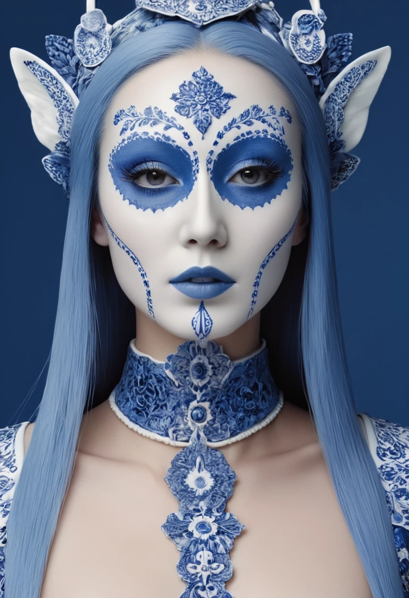 a woman made out of porcelain, in the style of balanced symmetry, white and blue, detailed facial features, organic forms, meticulous portraiture, complex patterns --ar 1:2 --stylize 350 --c 2 --v 6. 0