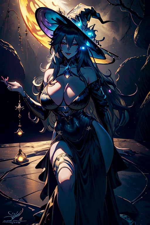 (best quality,4k,8k,highres,masterpiece:1.2),ultra-detailed,(realistic,photorealistic,photo-realistic:1.37),witch,big breast witch,sexy pose,sexy dress,detailed face features,dark atmosphere,mysterious background,golden evening light,vibrant colors,spellbook,cauldron,magic wand,long flowing hair,imposing hat,enticing eyes,enchanted forest,sorceress,moonlit sky,seductive smile,fantasy theme,Mystic allure,dramatic lighting,alluring gaze,provocative outfit,occult symbols,witchcraft,occult art