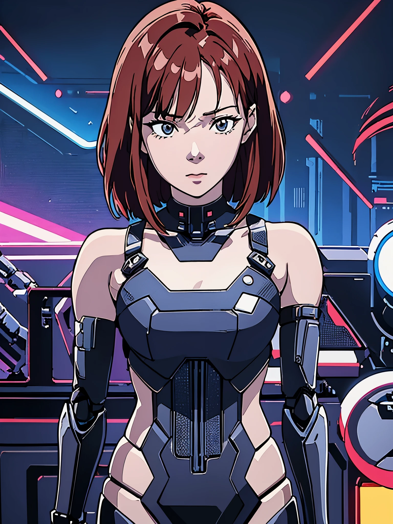 digital art drawing, illustration of (Winter from k-pop group aespa, short red hair with bangs, brown eyes, flat chest, cyborg girl, android, droid, mechanical fusion, exoskeleton, one metal robotic arm, evil look, wires and cables connecting to the head, neon details, cyberpunk 2077), anime drawing/art, bold linework, illustration, digital art, masterpiece, flat illustration, no shadows, 8k resolution, high detail, vector art, only anime, perfect eyes, perfect hands, perfect fingers, sharpness, high clarity, medium shot, high fidelity
