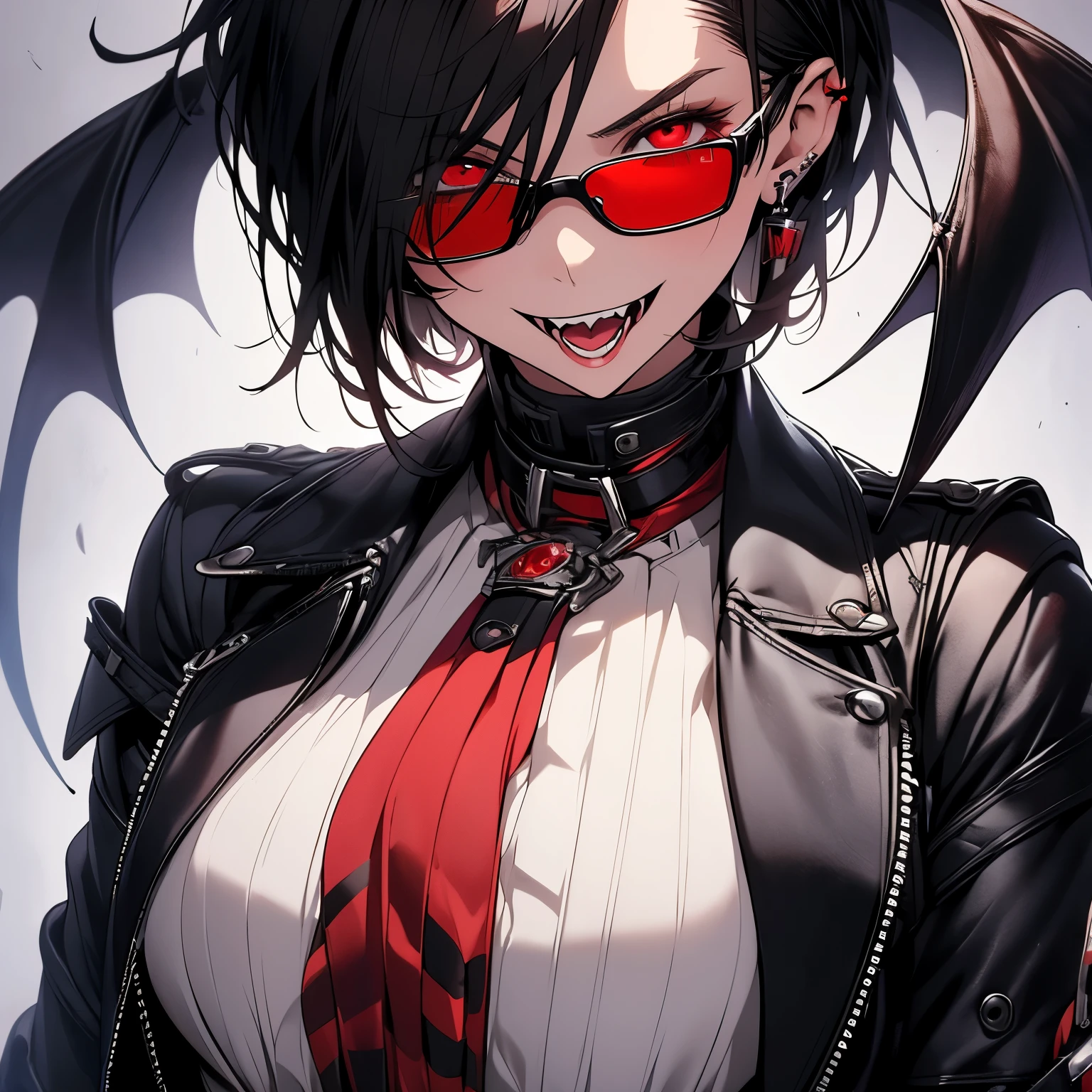 (masterpiece, Best quality, Colorful), volumetric light, backlight, The best shadows, (1 girl:1.1), from below, leaning forward, Looking at the viewer, BREAK, (short hair), multicolored hair, (Luminous [violet|red] eyes:1.2), (black slit pupils:1.3), (Thick eyebrows:1.1), (Eyeliner:1.3), (crazy eyes:1.3), maniac, Chaotic, open mouth, language, Broad smile, (crazy smile:1.3), (sharp teeth:1.2), (yandere:1.3), BREAK, gothic off-shoulder dress, split, Gothic, necklace, earrings, BREAK, (madness, insane:1.2), lose your mind, night, Fading lights, fog, city, darkness, 