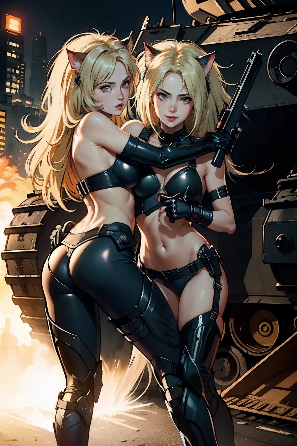 ((highest quality)), ((masterpiece)), (be familiar with), (High definition), 8K, Perfect Face、2Women、Two blonde women with cat ears standing side by side、(Hugging from behind:1.mile)、tall、2 Blonde cat ears、2. Long Hair、2. Volumetric hair style、big bow waist、Big Ass、glamorous、Aling、Bikini Protector、Armor、combat suit、combat boots、Armament、Equipped with large firearms、Posing in front of a tank、Cinematic、Best Shadow、Side lighting、NEO TOKYO、explosion、(Close-up of two faces:1.1)
