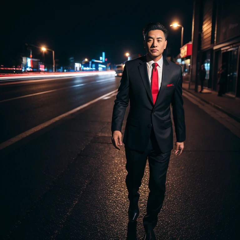 Asian man looking straight into the street at night, Modern glossy black leather suit with red tie., Exaggerated colors cool action poses,) 8K images, Shot with a high quality camera with 45000000000 pixels.