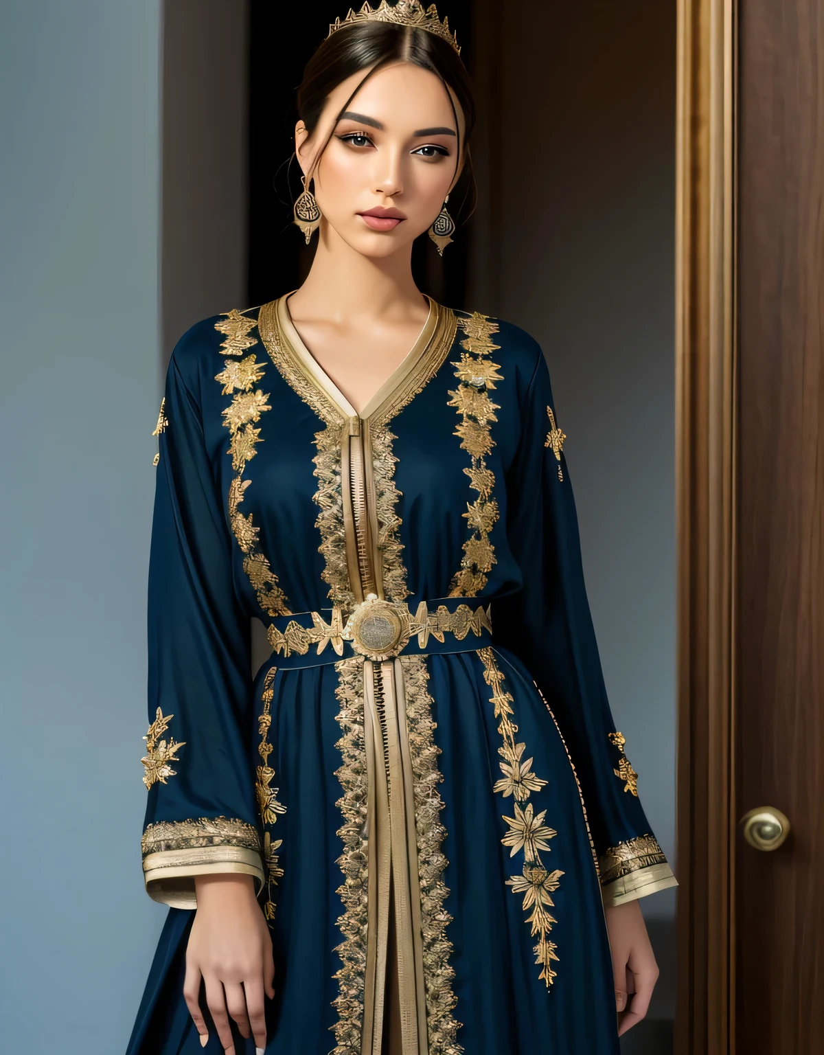 4k, chef-d'artwork, High resolution, absurdes, Souriant,beau mod aux cheveux noirs marrons_femme, mise au point du visage , Haute_Couture,porter une Haute_Sky blue dress by designer Charles Frederick Worth, portrait, Models parfait_corps,