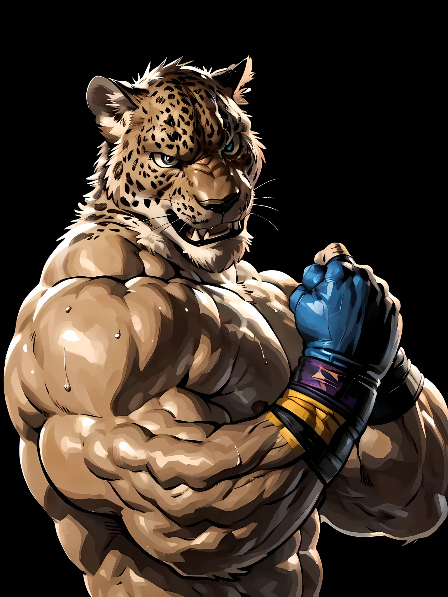 king, tekken, 4k, high resolution, best quality, detailed, posted on e621, solo, human body, jaguar head, male, very muscular, (black background, plain background:1.1), correct anatomy, skin, (realistic skin, realistic lighting, strong shadows, dramatic lighting):1.3, (by wfa, by takemoto arashi, by meesh, by Taran Fiddler):0.8, sweat:1.4, detailed jaguar eyes, bare chest, shirtless, wrestling gloves, flexing arms, flexing biceps, angry face, upper body, close-up