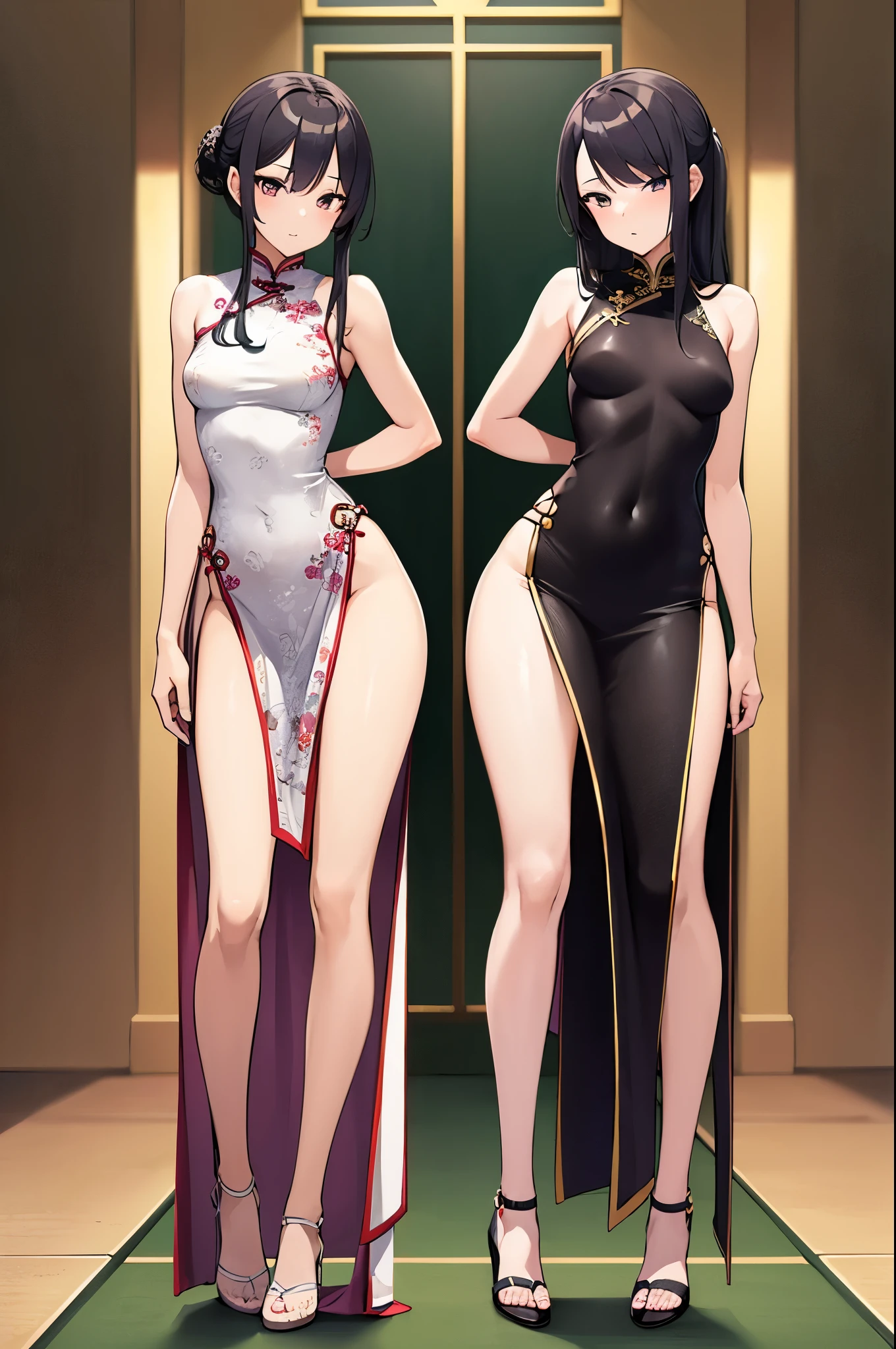 a sexy woman, (best quality), (masterpiece), (1girl), slim, anime, tall, (flat chested), (chinese dress), (front view), (sexy pose), (full body view)