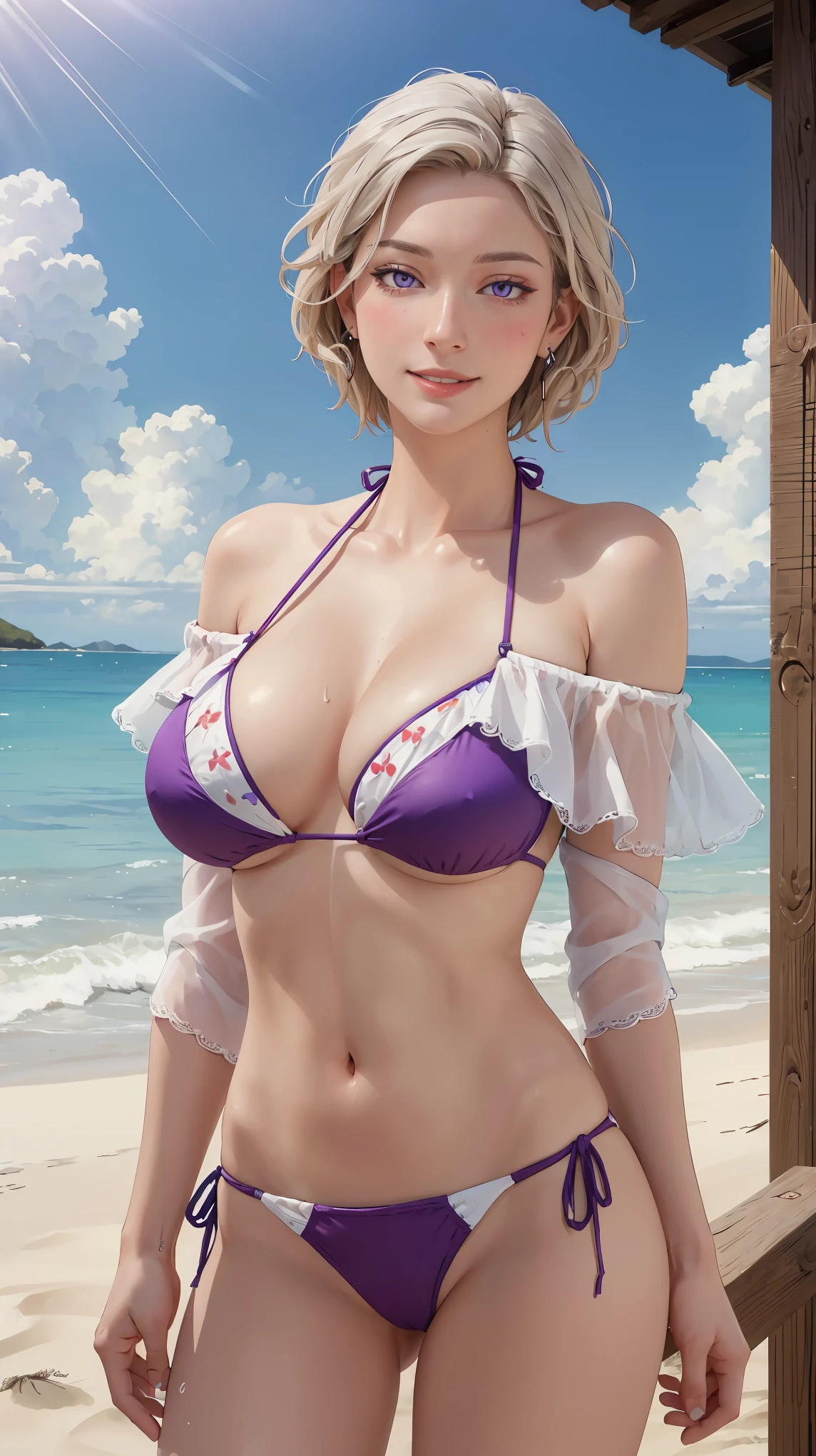 ((((masterpiece, best quality, high resolution)))), Extremely detailed 8K, Beautiful girl with voluptuous body, (Ultra HD, Ultra-detailed, Highly detailed, Highly realistic, Ultra-realistic, photograph realistic), (1girl:1.5), (Realistic white hair), (short wavy hair, hair ornaments, earrings), (dynamic poses), facing at camera, looking at viewer, (blushing red, embarrassed, smile), (purple eyes, sharp eyes), (perky breasts:1.2), (beautiful detailed face, beautiful detailed eyes), ((off shoulder bikini)), (detail pussy), (standing up), sweat, glow, (sunbeam, sunlight), ((cowboy shot)), beach, seductive