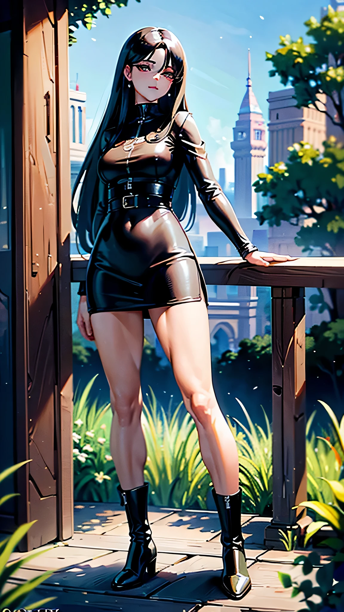 masterpiece，Best image quality，Higher quality，High Detail，8k resolution，Medium shot，Full body standing painting，Exquisite facial features，Perfect face，Miss，Long straight hair，Black Hair，Female CEO，Leather Boots，OL