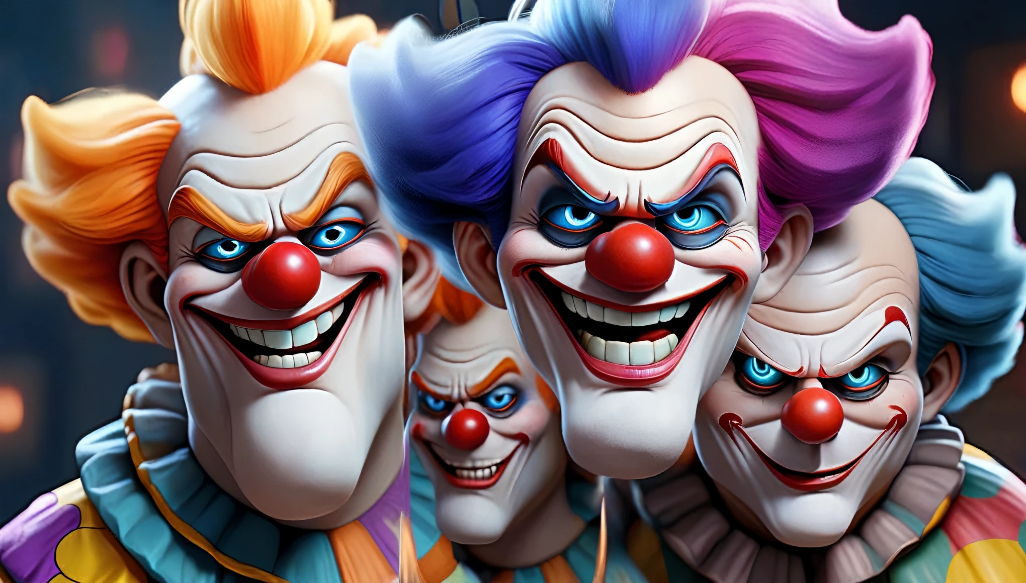 Three terrifying Clowns, the third clown that has Blue hair and the faces of the 3 are spooky, ultra realistic in 3D full HD mega high quality