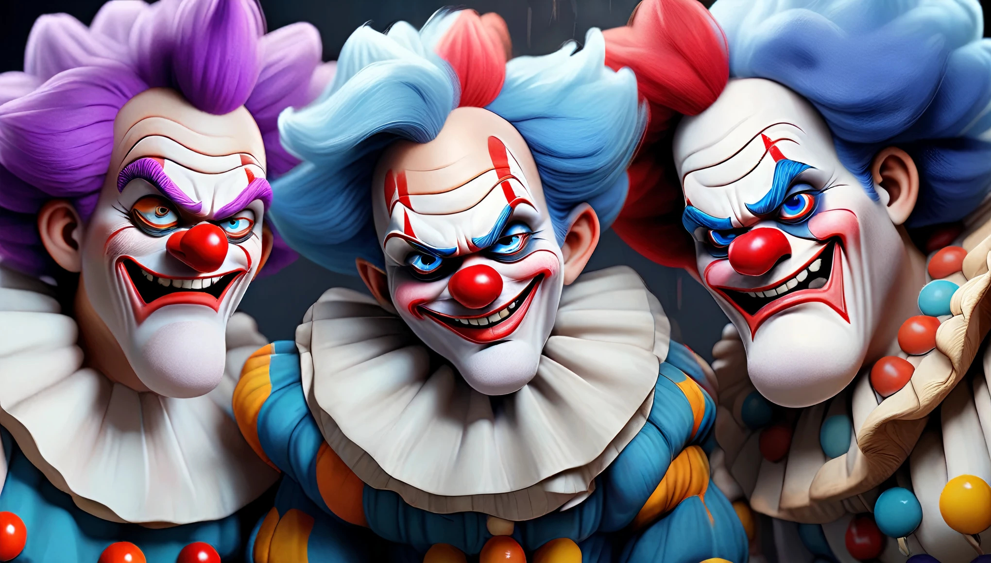 Three terrifying Clowns, the third clown that has Blue hair and the faces of the 3 are spooky, ultra realistic in 3D full HD mega high quality