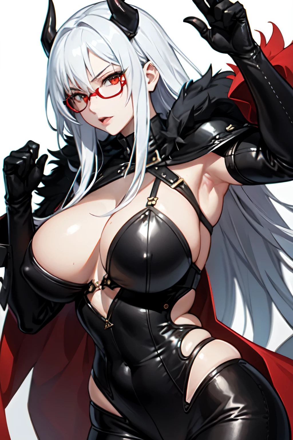 ((Best quality)), ((masterpiece)), (detailed), perfect face, fantasy character, sunglasses, tiefling, White hair, big breasts, red clothes, white eyes, horns, White skin, in blood, evil, daemon,sunglasses, evil pose, fighting pose, Dark background, Thick clothing, punk glasses, looks like Esdeath from Akame ga Kill, looks like Justice from Helltaker, punk clothes, red cloak, blind, fighting gloves, form,sunglasses,темные horns,Decorations, A lot of clothes