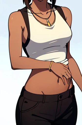 A brown-skinned woman with a sleeveless white shirt and black pants, patting her belly, (necklace), (skinny bare shoulders), (no sleeves), (the shirt has collar)