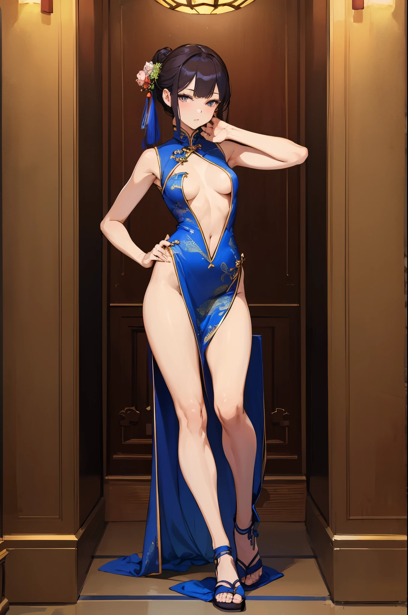 a sexy woman, (best quality), (masterpiece), (1girl), slim, anime, tall, (flat chested), (chinese dress), (sexy pose), (full body view)
