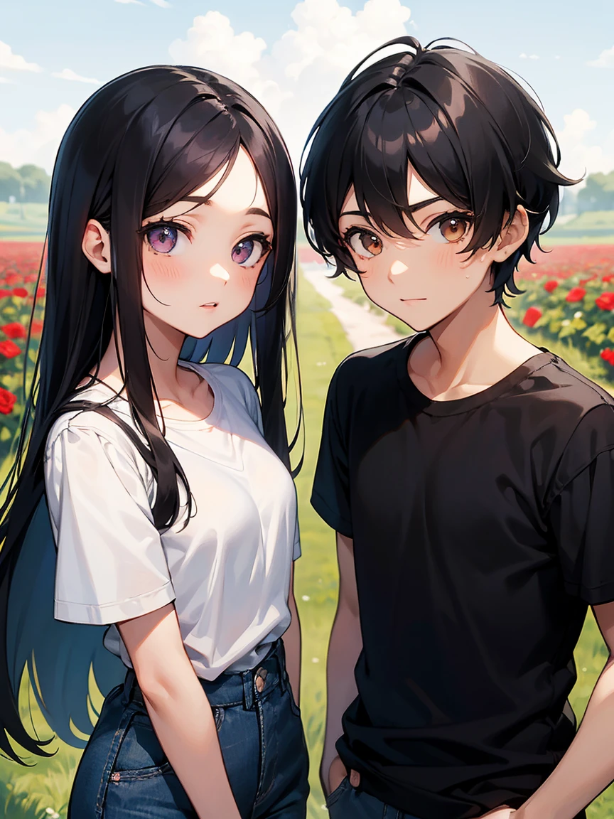 pareja, 1 Girl 1 Boy, color de cabello diferente, girl with long brown hair, chica de pelo ondulado, chica sin flequillo, chica de ojos grises. vestido azul. chico de pelo negro corto, chico de pelo ondulado, chico de ojos negros, camisa y jeans chico, altura diferente, ojos detallados, rostro, mano. se abrazan. miran al espectador. They are inside a field of roses.