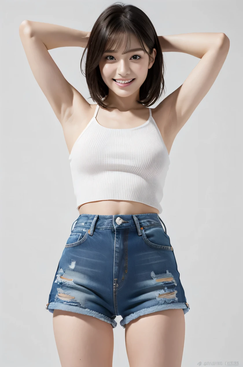 The beauty of 8K raw photos:2.0, Japanese woman, short hair, 18 years old, great face and dark eyes, looking at the viewer:1.5, big smile, tongue out, show the tongue, wet hair, show the crotch, spread the legs wide, show your cameltoe:1.2, tiny top, show the armpit, (denim shorts:1.2), shinny skin, realistic:1.9, very detailed, standing cowboy shot from bottom:1.2, High resolution RAW color photos, professional photos, Taken at the studio, plain wallpaper, girl sexy portrait