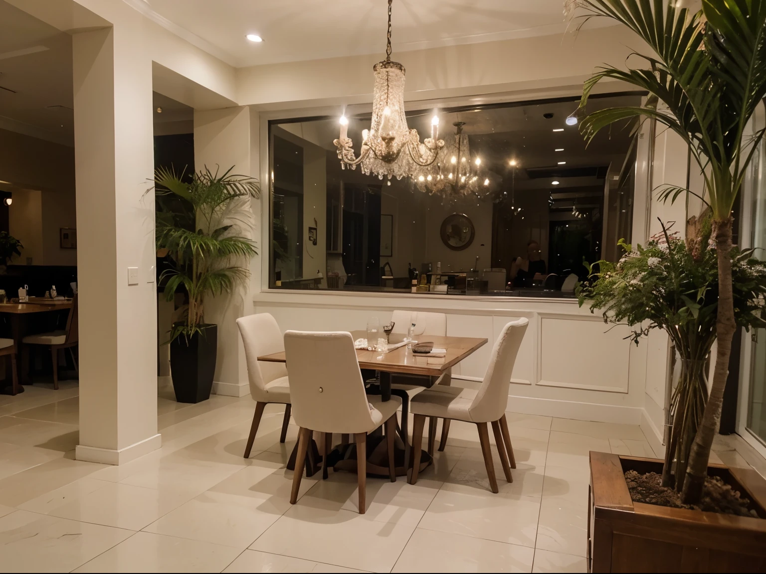 make a detailed restaurant with shades of white, marrom e creme. um lugar chique, aconchegante e com algumas plantas espalhadas. sem pessoas, pleasant lighting. romantic air and a logo of a glass