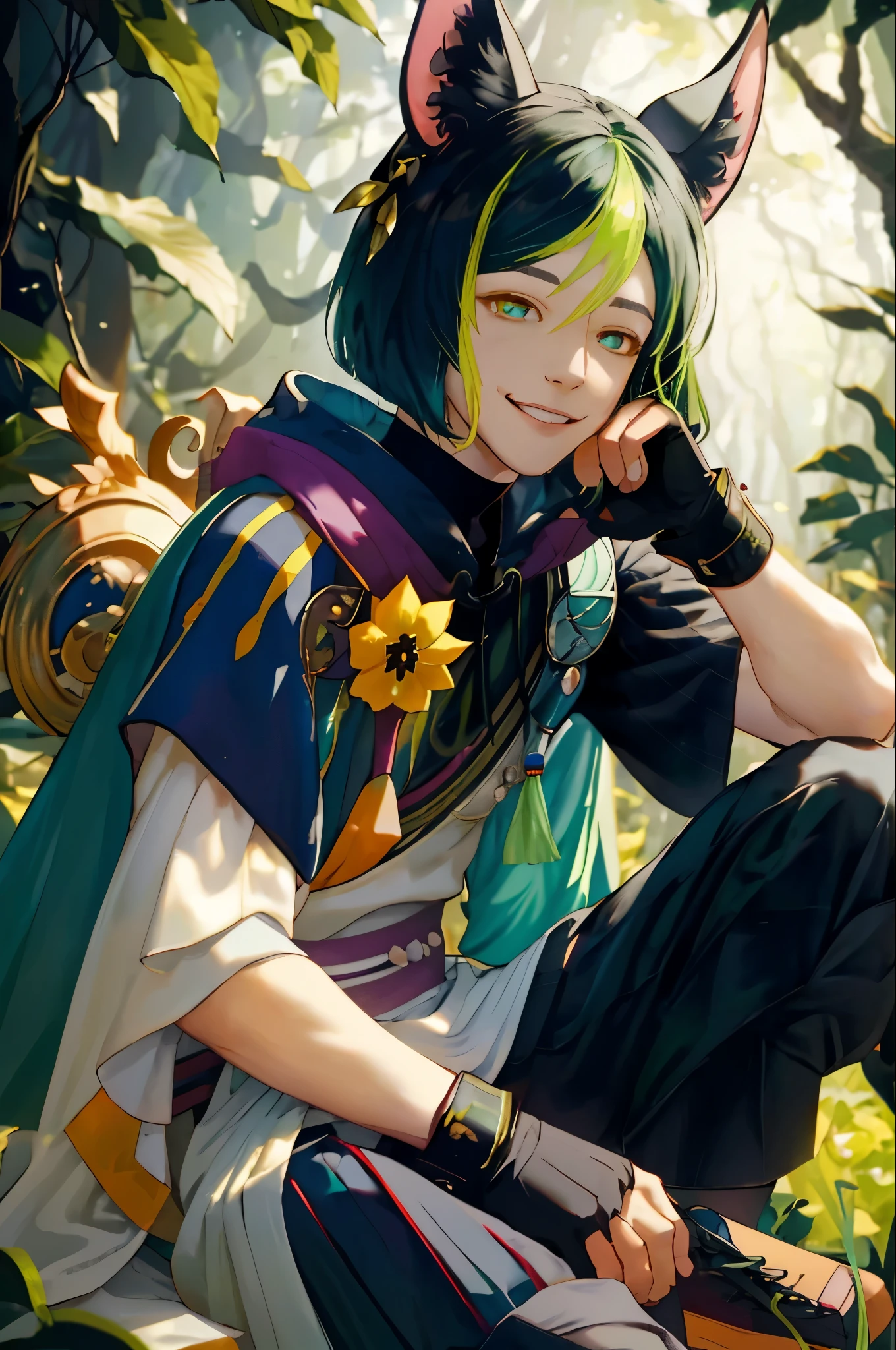 1 adult male solo, smile, shiny eyes, sitting outside in the forest, flowers everywhere, iridescent sun light, sunny day, black and green hair, teal eyes, animal ears, animal tail, tighnari genshin impact, white and ckack clothes, yellow flower brooch, dark wide pants, black gloves