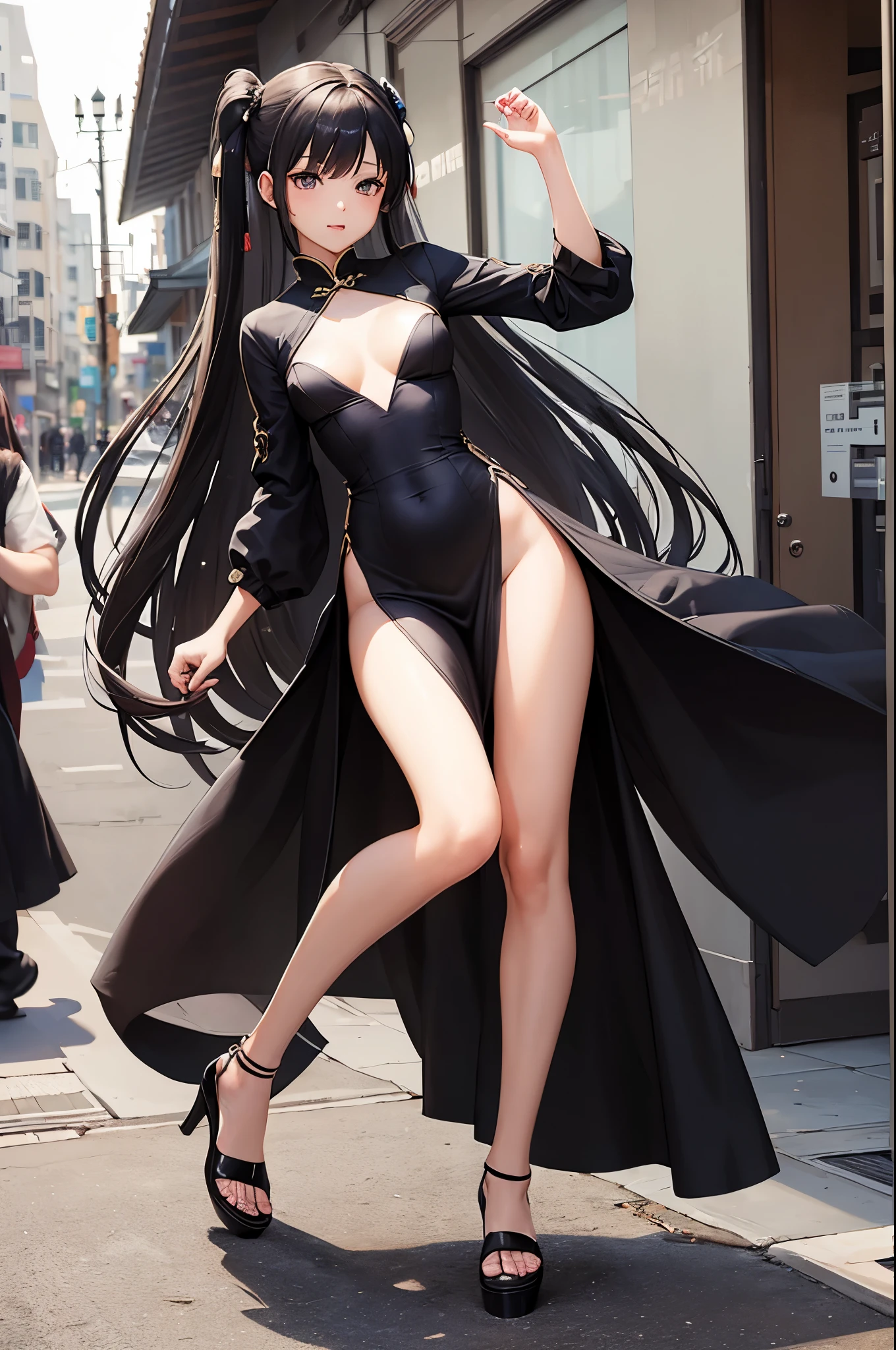 a sexy woman, (best quality), (masterpiece), (1girl), slim, anime, tall, (flat chested), (chinese dress), (front view), (sexy pose), (full body view)
