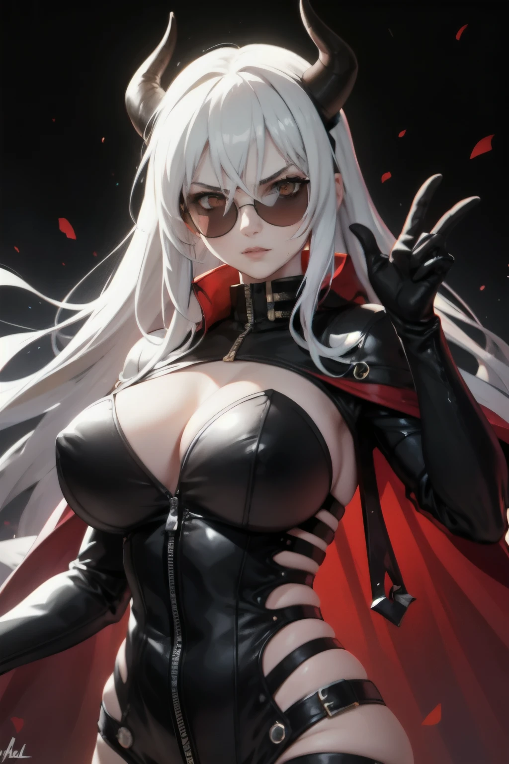 ((Best quality)), ((masterpiece)), (detailed), perfect face, fantasy character, sunglasses, tiefling, White hair, big breasts, red clothes, white eyes, horns, White skin, in blood, evil, daemon,sunglasses, evil pose, fighting pose, Dark background, Thick clothing, punk glasses, looks like Esdeath from Akame ga Kill, looks like Justice from Helltaker, punk clothes, red cloak, blind, fighting gloves, form,sunglasses,темные horns,Decorations, A lot of clothes, black glasses, dark background