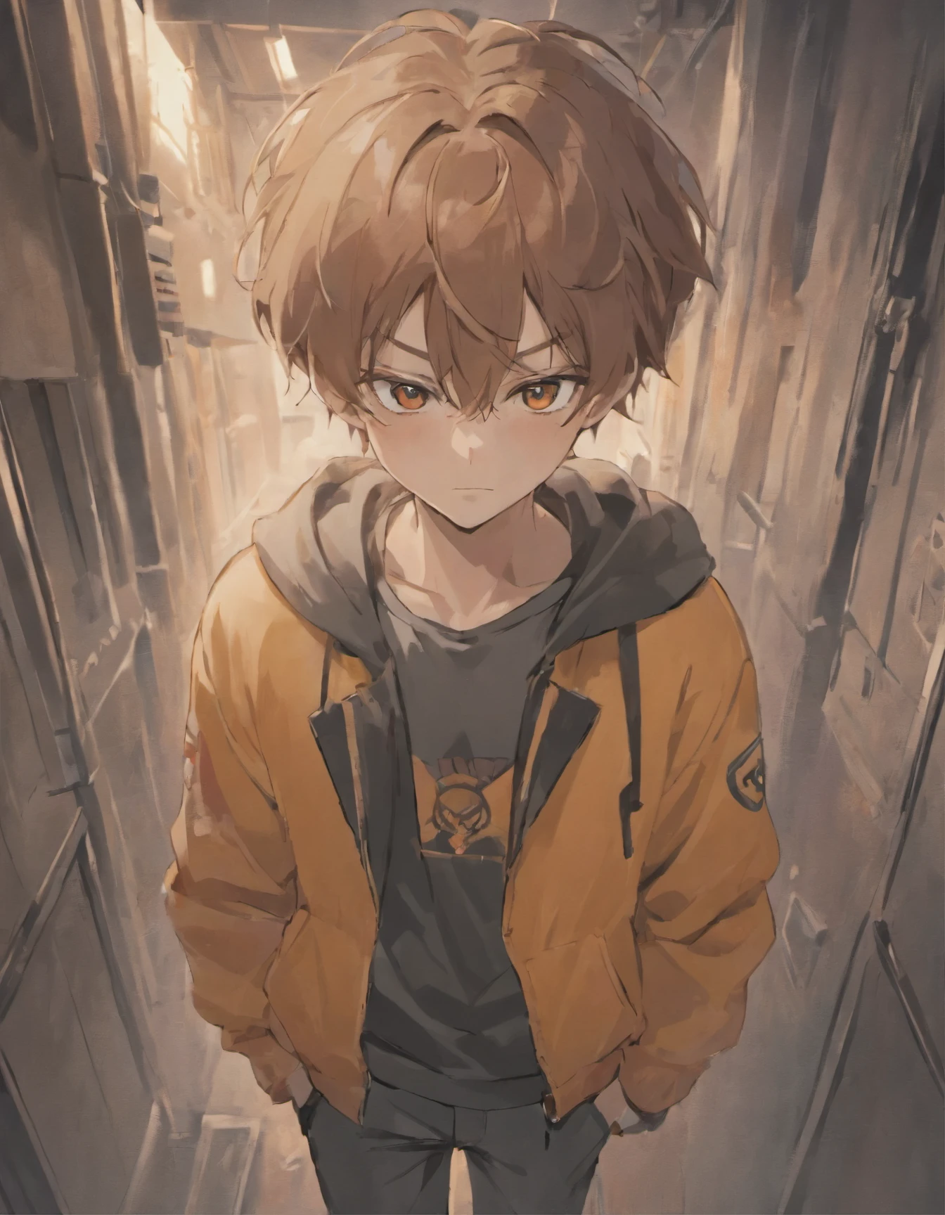 Costume planning theme autumn and winter return to dust,Style: Urban simplicity, thin guy with medium-length brown hair. wearing a basic light gray t-shirt and gray shorts. also has a black medical mask and anime style spiked headphones
