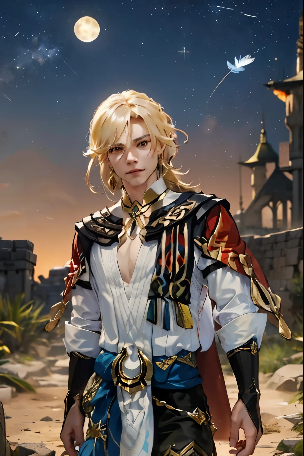 1 adult male solo, blond hair, red eyes, kaveh genshin impact, white top, red and black embroidered details, golden accessories, dark pants, fingerless gloves, feather hair ornament, happy smile, shiny eyes, in the desert at night, stars in the sky, desert sand, pyramids and ruins