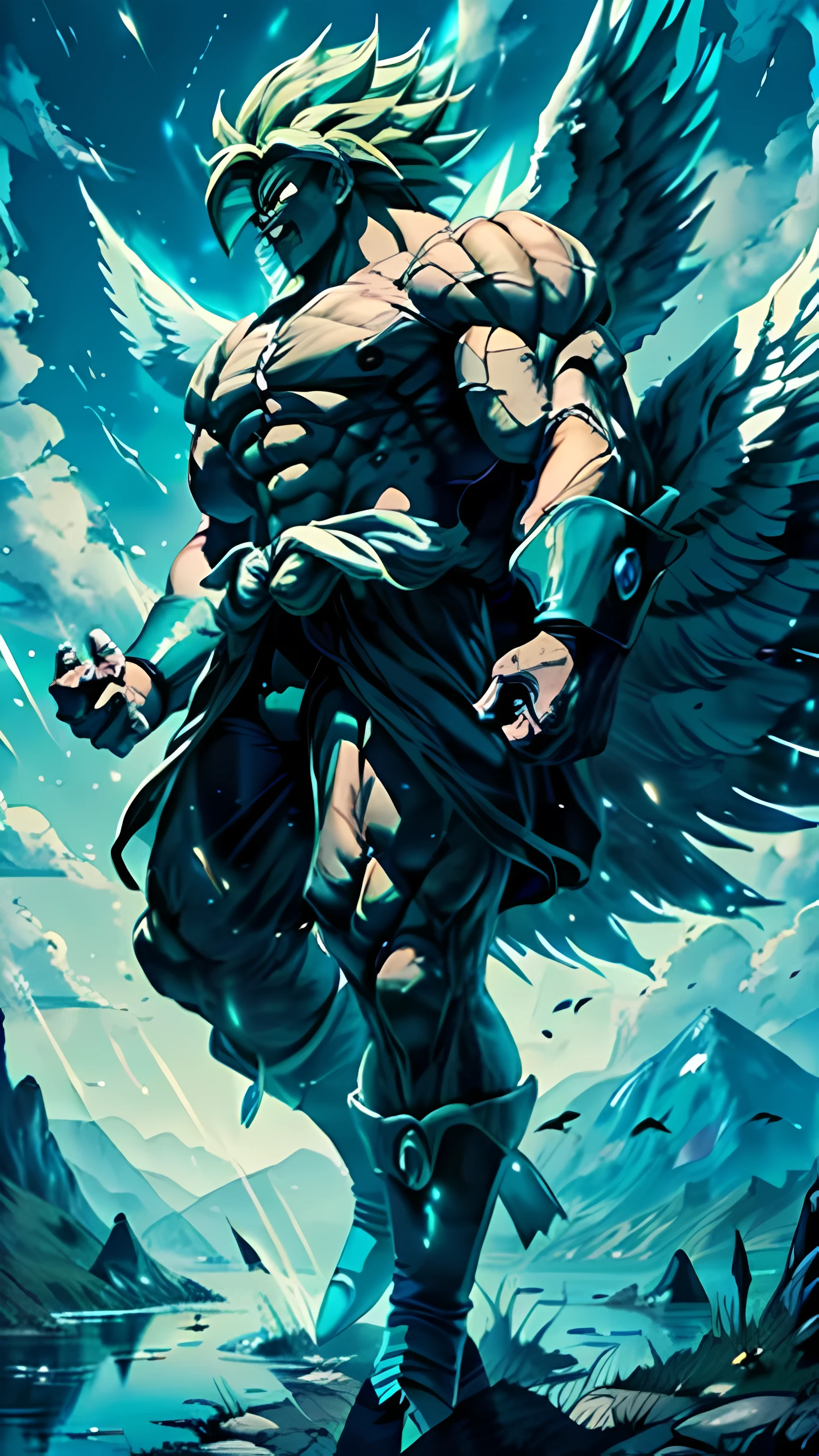 Broly transformed into legendary super Saiyan with angel wings flying over a lake at night, Broly, dbz, muscular, legendary super Saiyan, wings, perfect hands, detailed face, full body, image clarity, light and shadow correction, sharp, hd, masterpiece, high resolution,