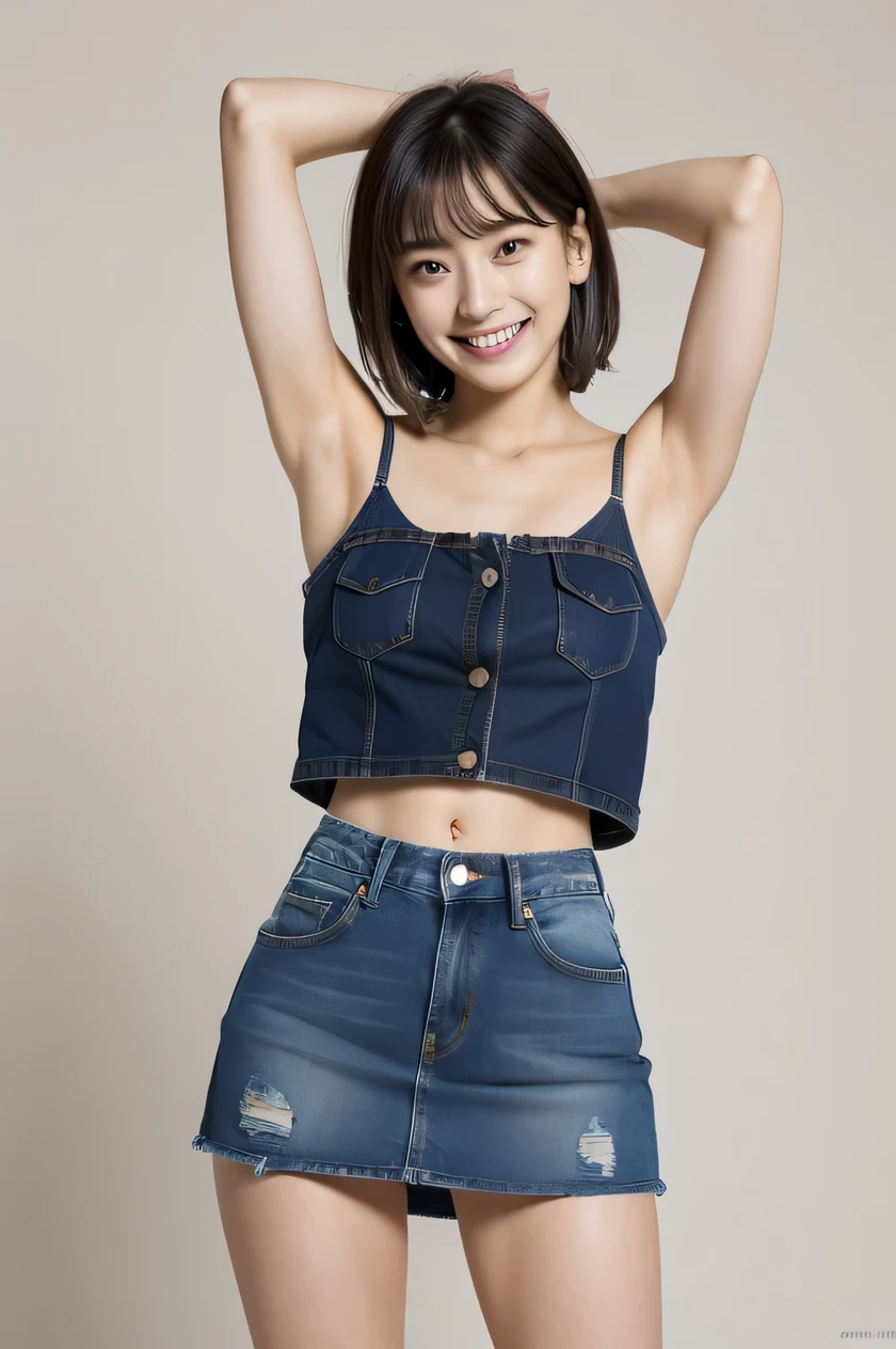 The beauty of 8K raw photos:2.0, Japanese woman, short hair, 18 years old, great face and dark eyes, looking at the viewer:1.5, big smile, tongue out, show the tongue, wet hair, show the crotch, spread the legs wide, show your cameltoe:1.2, tiny top, show the armpit, (denim mini skirt:1.2), shinny skin, realistic:1.9, very detailed, pantie shot from bottom:1.2, High resolution RAW color photos, professional photos, Taken at the studio, plain wallpaper, girl sexy portrait