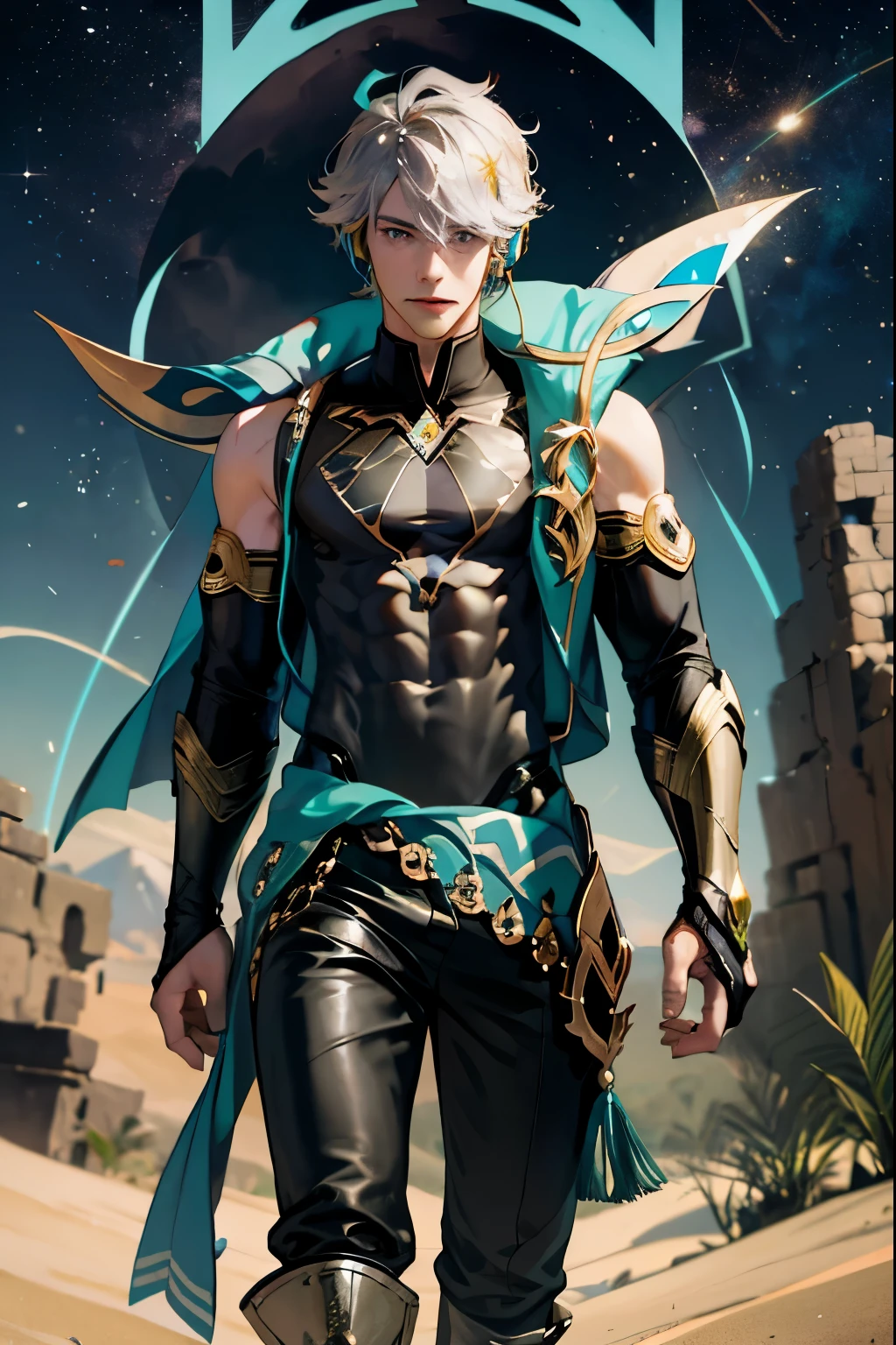 1 adult male solo, grey hair, dark teal eyes, alhaitham genshin impact, black sleeveless top, separate black sleeves, dark pants, long fingerless gloves, teal and gold headphones, in the desert at night, stars in the sky, desert sand, pyramids and ruins