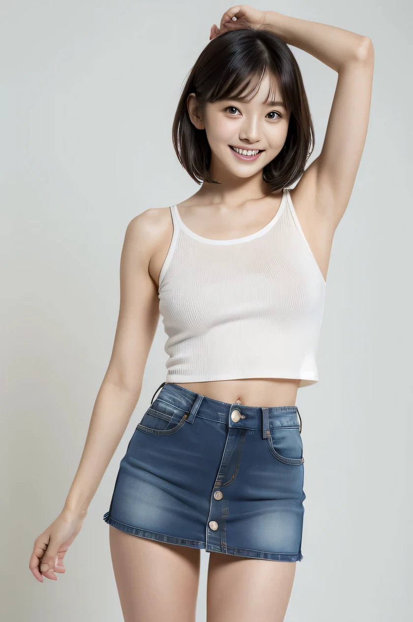 The beauty of 8K raw photos:2.0, Japanese woman, short hair, 18 years old, great face and dark eyes, looking at the viewer:1.5, big smile, tongue out, show the tongue, wet hair, show the crotch, spread the legs wide, show your cameltoe:1.2, tiny top, show the armpit, (denim mini skirt:1.2), shinny skin, realistic:1.9, very detailed, pantie shot from the bottom:1.2, High resolution RAW color photos, professional photos, Taken at the studio, plain wallpaper, girl sexy portrait