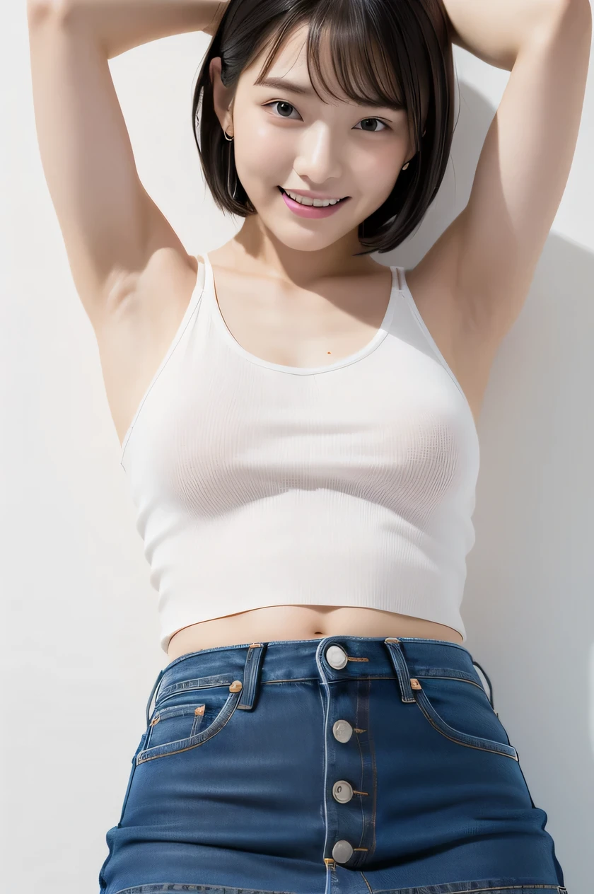(one girl:1.3), Short hair, Amazing face and eyes, Looking at the camera, Smile full of joy、show teeth、Raise your hands behind your head、Show the armpits、(denim shorts1.2),(Best Quality:1.4), extremely detailed CG unified 8k wallpaper, Highly detailed, High-definition raw color photos, professional photograpy, Realistic full-body shots, Filming in the studio、Plain wallpaper, sexy portrait of girl, Open exterior