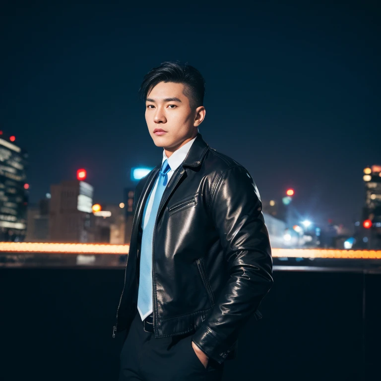 Handsome Asian man with short, cropped hair cut,) Look straight and focus on the face clearly.,) On the city streets at night, Modern glossy black leather jacket and blue tie outfit., Exaggerated colors cool action poses,) 8K images, Shot with a high quality camera with 45000000000 pixels.