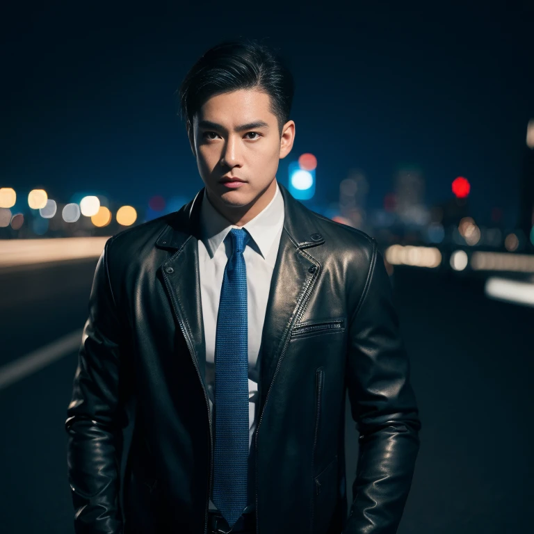 Handsome Asian man with short, cropped hair cut,) Look straight and focus on the face clearly.,) On the city streets at night, Modern glossy black leather jacket and blue tie outfit., Exaggerated colors cool action poses,) 8K images, Shot with a high quality camera with 45000000000 pixels.