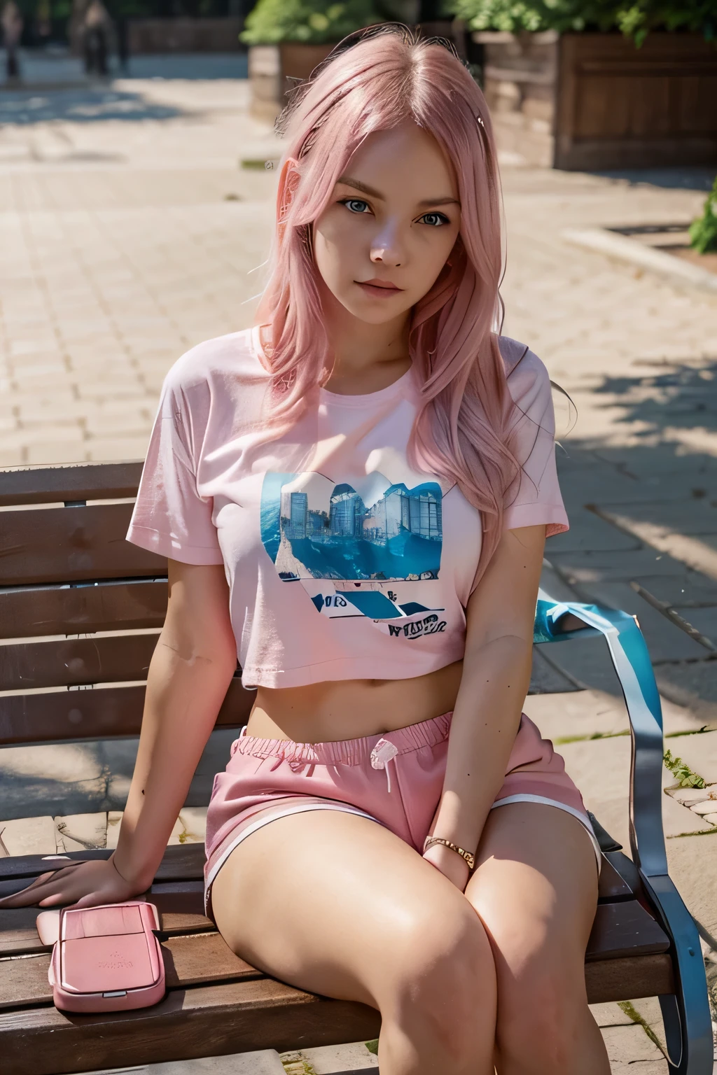 beautiful girl, soft pink hair, blue eyes, realistic portrait, hyper details, sitting on a bench in a lonely square, dressed in a t-shirt and red shorts.