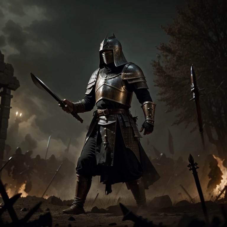 A medieval warrior fighting in the battlefield, dressed in black, work of malediction and death,The Great One of the Night of Time, stand up and shout