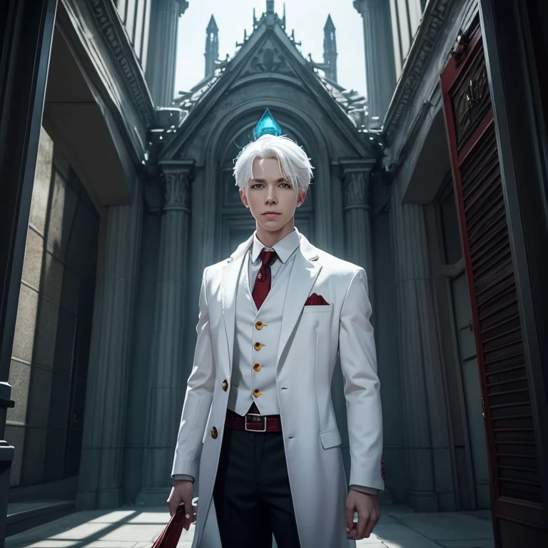 Generate an image of a young human male Divine Soul Sorcerer standing confidently in front of a private investigator office called Finder's Keepers. He has pale skin, white hair, and striking red dragon eyes. The sorcerer is wearing an investigator suit. The building behind him should reflect a classic private investigator's office, with subtle sci-fi elements integrated into the architecture