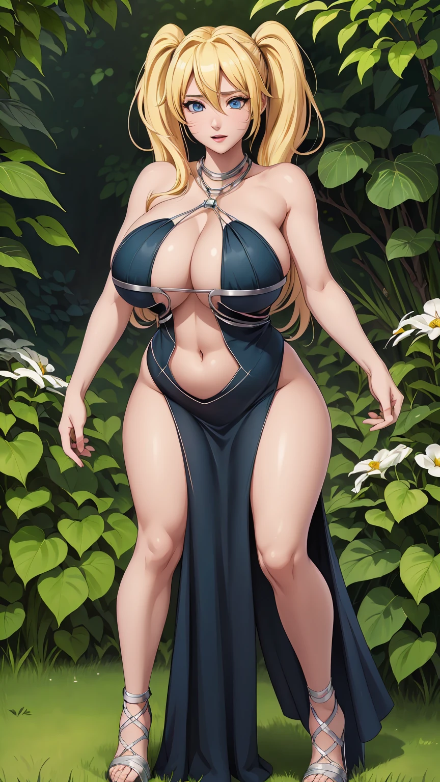 masterpiece, ultra high-quality, extremely detail 8k cg, high resolution, 1girl, narukouzumaki, twintails, wisker marks, blonde hair, blue eyes, perfect eyes, thin body, huge breasts, engorged-fc, veiny breasts, breast veins, veins, evening gown, halterneck, criss-cross halter, high heels, choker, beautiful face, outdoors, garden, night time, full shot photo, full body