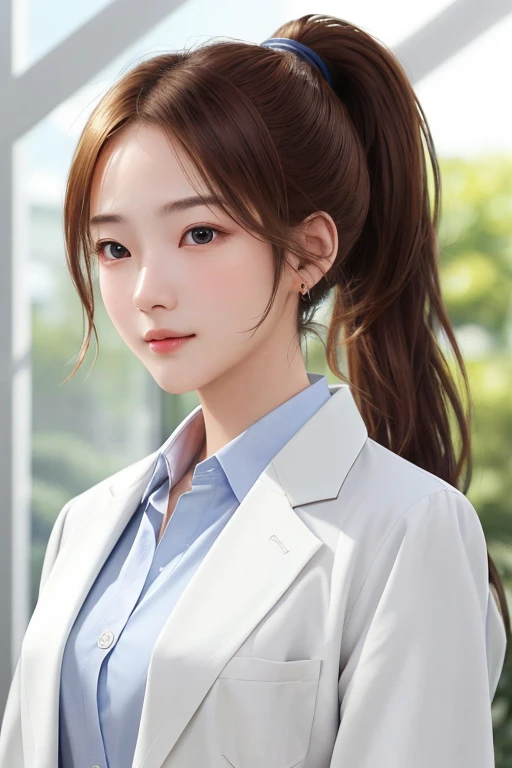 Ultra-high resolution、masterpiece、highest quality、
Highly detailed face、Detailed eyes、Very difficult、、perfect glowing skin、Perfect lighting、Detailed lighting、Dramatic Shadows、Ray Tracing、16 years old、
1 girl、Ponytail hairstyle、Upper Body、Female doctor&#39;coat、White shirt、Looking at the audience、(smile:0.4)