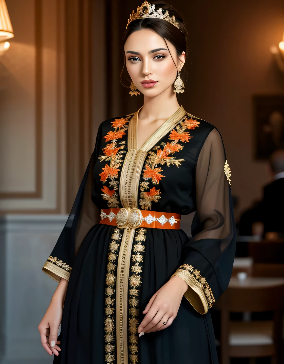 4k, chef-d'artwork, High resolution, absurdes, Souriant,beau mod aux cheveux noirs marrons_femme, mise au point du visage , Haute_Couture,porter une Haute_Orange dress by designer Charles Frederick Worth, portrait, Models parfait_corps,
