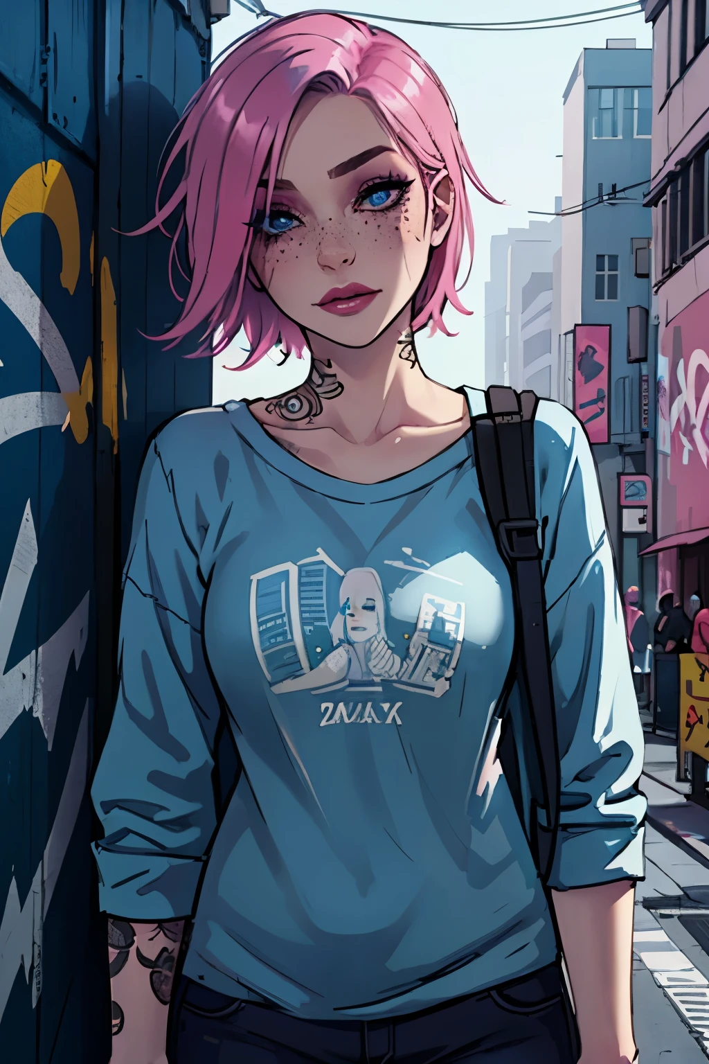 Masterpiece, best quality, 23 years old, college student, centered in frame, portrait, female, tattoos, super pale skin, friendly exoression, pink lips, short light pastel blue hair, city landscape, graffiti, blue eyes, wears bright makeup,black freckles, beautiful, grunge, alt-girl, fishnet shirt, eyeshadow