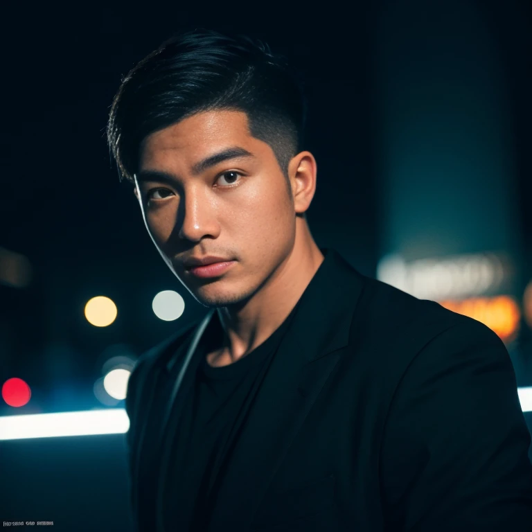 Handsome Asian man with short, cropped hair cut,) Look straight and focus on the face clearly.,) On the city streets at night, ชุดแจ็กเก็ตหนังสีblackสมัยใหม่ผูกไทสีแดง,Blue,black,) Exaggerated colors cool action poses,) 8K images, Shot with a high quality camera with 45000000000 pixels.