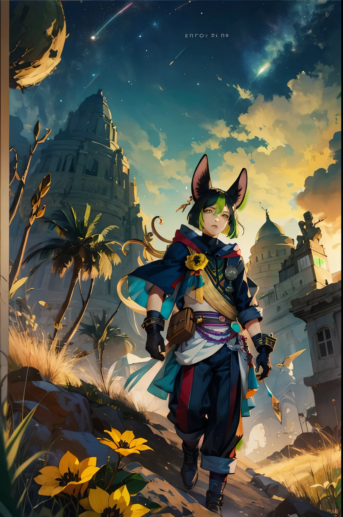 1 adult male solo,  black and green hair, teal eyes, animal ears, animal tail, tighnari genshin impact, white and ckack clothes, yellow flower brooch, dark wide pants, black gloves, in the desert at night, stars in the sky, desert sand, pyramids and ruins