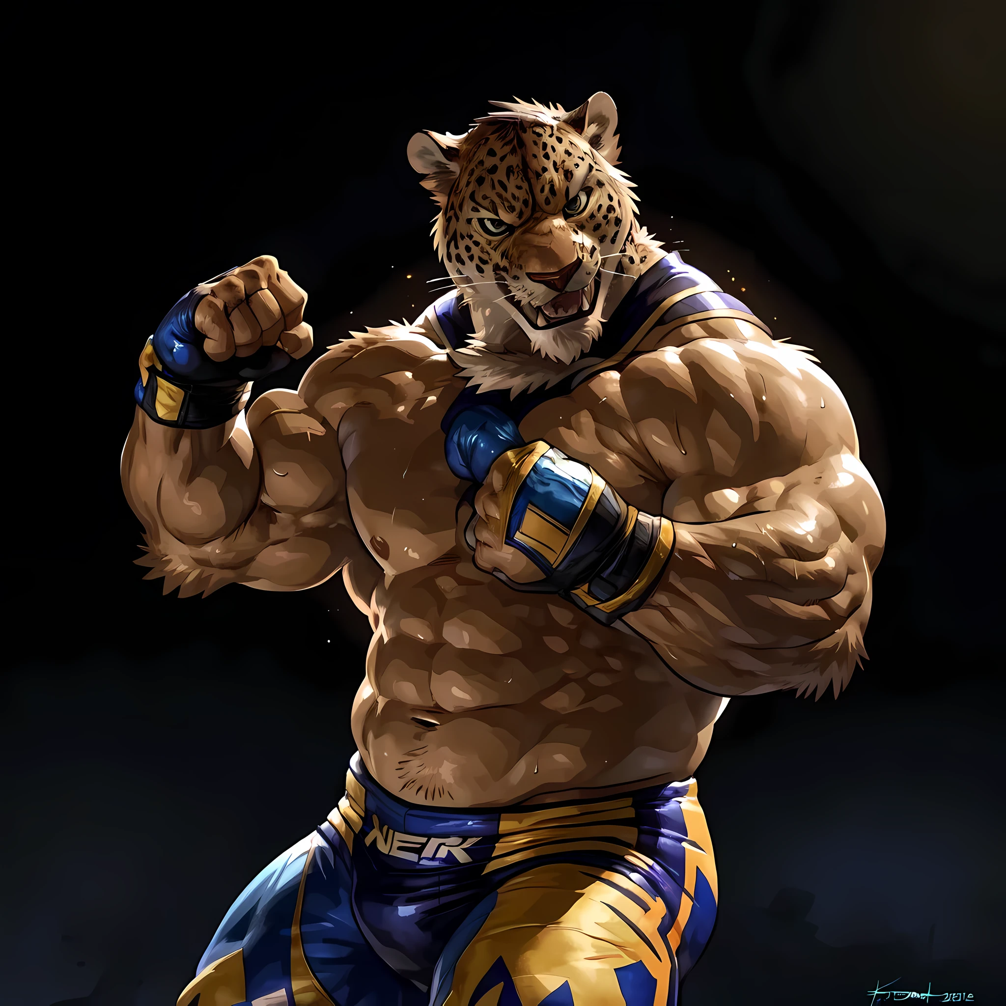 king, tekken, 4k, high resolution, best quality, detailed, posted on e621, solo, human body, jaguar head, male, very muscular, (black background, plain background:1.1), correct anatomy, skin, (realistic skin, realistic lighting, strong shadows, dramatic lighting):1.3, (by wfa, by takemoto arashi, by meesh, by Taran Fiddler):0.8, sweat:1.4, detailed jaguar eyes, wrestling outfit, bare chest, shirtless, wrestling gloves, flexing arms, flexing biceps, angry face, fists, correct fists,