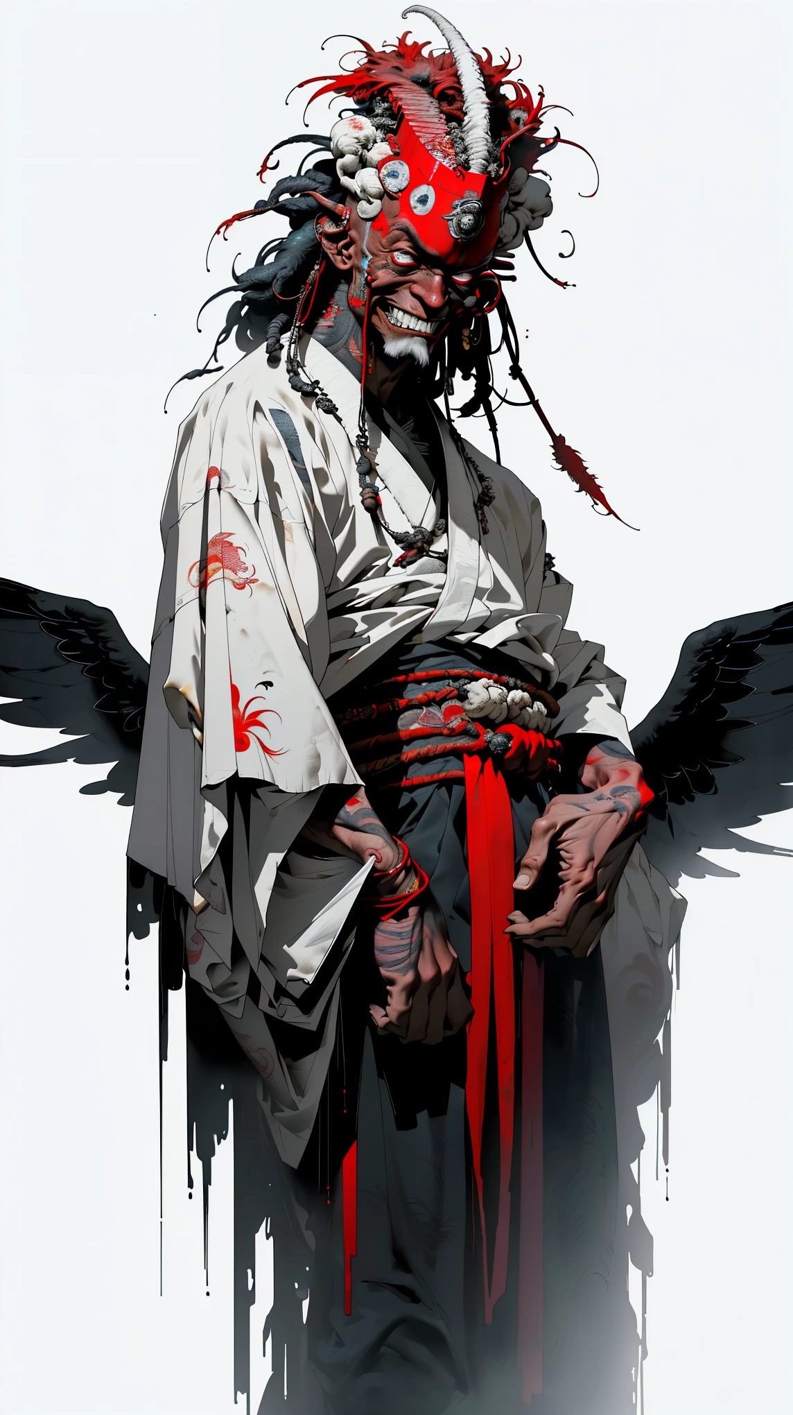 (best quality,4k,8k,highres,masterpiece:1.2), ultra-detailed, (realistic,photorealistic,photo-realistic:1.37),Imposing and terrifying alien tengu, it is 3 meters tall, has red-hot skin, long white hair, angelic white feather wings, and is adorned with a Buddhist monk's outfit, volatile, aggressive and ruthless.