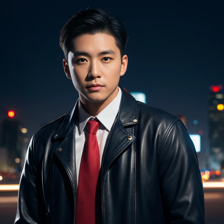 Handsome Asian man with short, cropped hair cut,) Look straight and focus on the face clearly.,) On the city streets at night, Modern skin-tight leather jacket and red tie.,Blue,black,) Exaggerated colors cool action poses,) 8K images, Shot with a high quality camera with 45000000000 pixels.