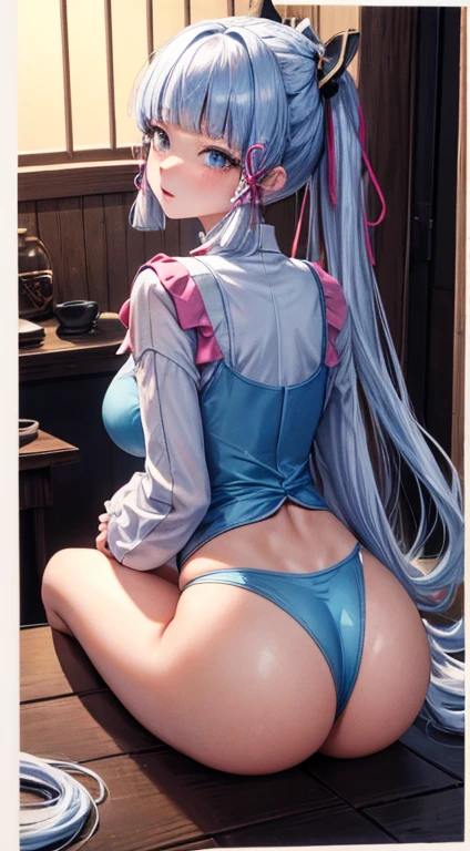 masterpiece, absurdres, 1 age girl, Age 15 old. Qyaka [genshin],, Hairstyle: Blunt Bangs, Long Hair. - Hair Color: Light Blue Hair,, floating hair, ribbon on her hair. masterpiece, absurdres , (intricate details), (colorful),cinematic lighting, extremely detailed CG unity 8k wallpaper 1girl, solo, Ayaka Attractive looking. Slutty waist [Beautiful Curvy butt]. Ayaka on all fours looking at the viewer, and a woods, wet skin, wearing black lingerie, beautiful ass, big ass, (extremely detailed face), behind, behind view, big butt. 8K resolution, super detailed, high quality
