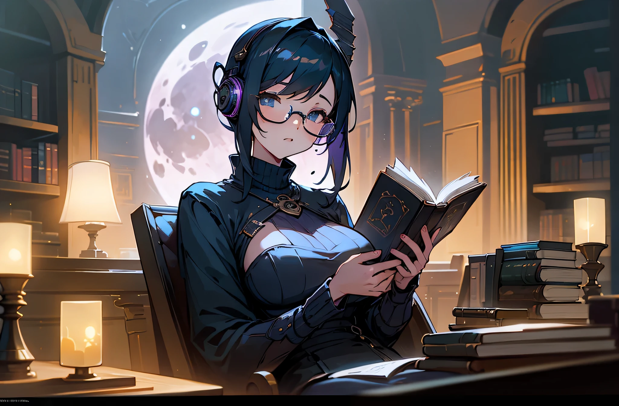 A woman wearing headphones is sitting in a chair and reading a book、Bookshelf at the back、big breasts、sexy、A room full of bookoonlight、sweater、Downlight、full moon、Stylish room with fireplace、Glasses