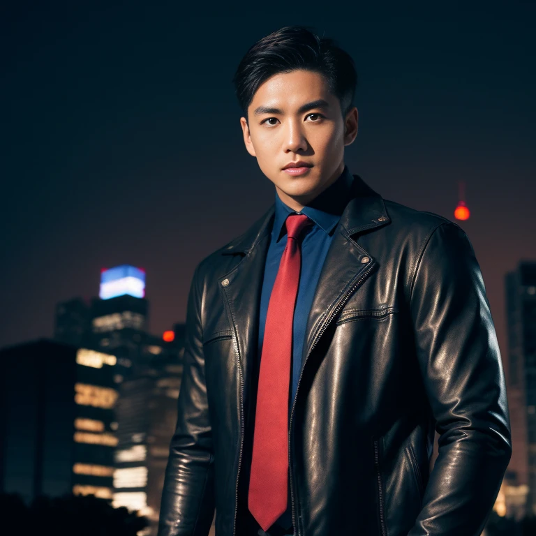 Handsome Asian man with short, cropped hair cut,) Look straight and focus on the face clearly.,) in the city at night, Modern skin-tight leather jacket and red tie.,Blue,black,) Exaggerated colors cool action poses,) 8K images, Shot with a high quality camera with 45000000000 pixels.