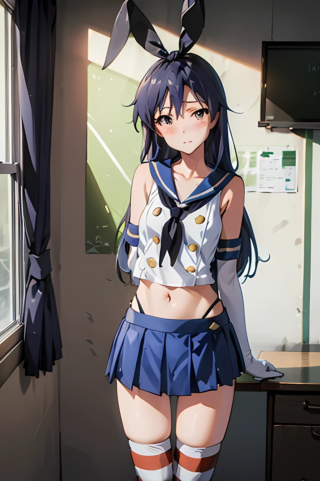  (masterpiece, best quality:1.4), official art, extremely detailed CG, unity 8k wallpaper, ultra detailed, solo, 1girl, chihaya kisaragi, (delicate eyes and face), long hair, dark blue hair, asymmetry bangs, brown eyes, bashful, (flat chest:1.1), looking at viewer,  (full-face blush), embarrassed, BREAK, cowboy shot and knee, Slender beauty, shimakaze \\(kancolle\\), elbow gloves, striped thighhighs, highleg panties, blue pleated skirt, boots, (head ribon:1.2), classroom, indoors, 