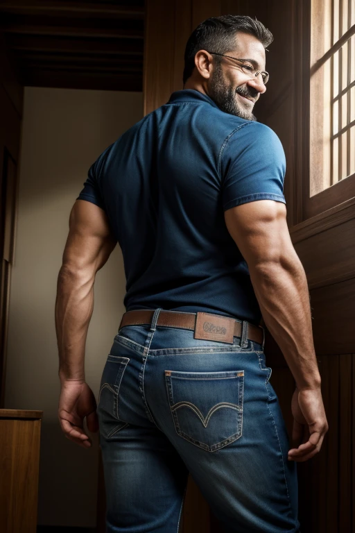 hombre musculoso salvaje, (40 year old daddy:1.1), 1 chico, Solo, cabello canoso (camisa de vestir negra), (hombros grandes), musculatura, rastrojos, barba corta, ojos bonitos:1.3, ), (cara detallada:1.3), Usando lentes, smiles, dynamic angle, volumetric lighting, (mejor calidad, A high resolution, fotorrealista), cinematic lighting, Obra maestra, foto cruda, detalles intrincados, hdr, cuerpo completo, jeans backside